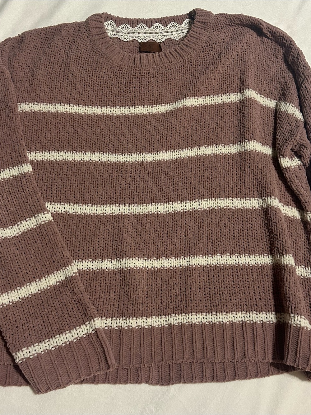 POL Mauve Ribbed Knit Top with Lace Trim